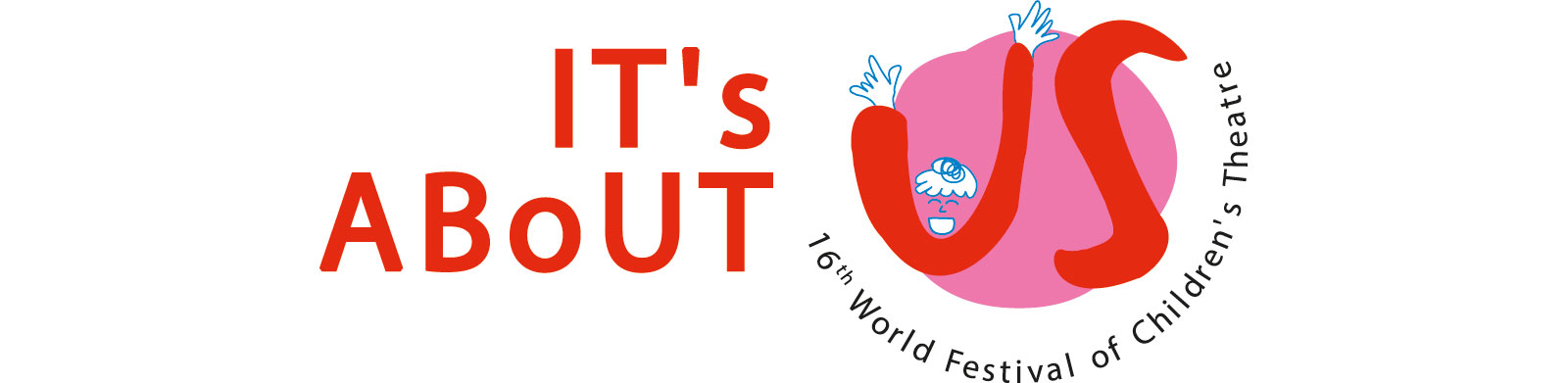 A colorful logo for the 16th World Festival of Children's Theatre, featuring playful text and a cartoonish character.
