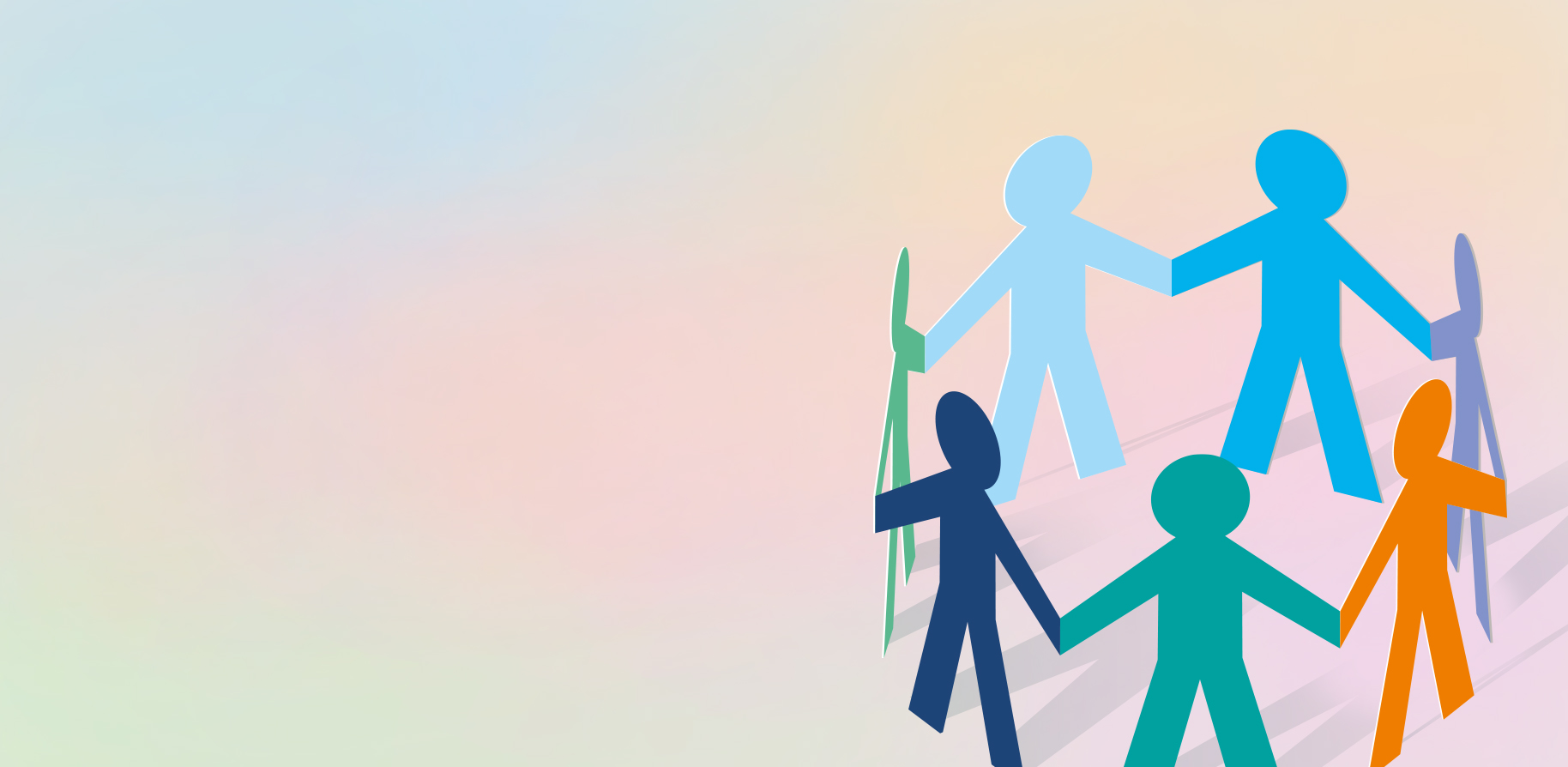 A group of colourful stick figures holding hands, representing unity and teamwork against a pastel background.