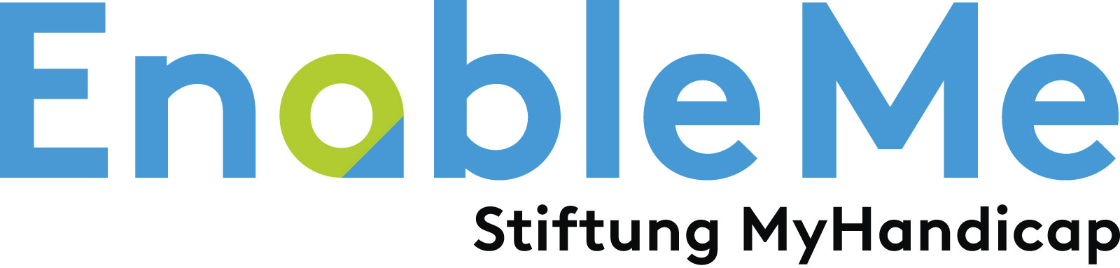Das Logo von EnableMe, Stiftung MyHandicap, in bunten Buchstaben. Das 'E' hat eine grüne Halbkreisform.