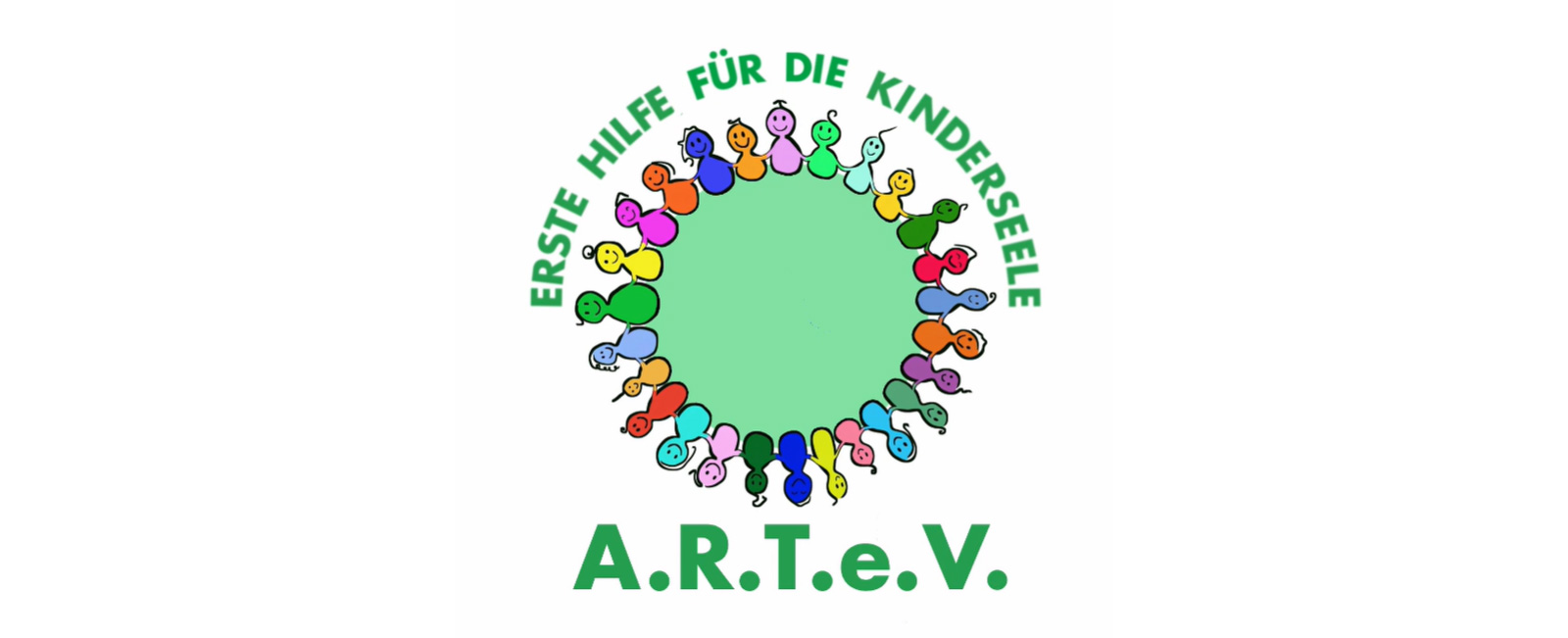 The image features a colourful circle of childlike figures arranged around a green background, with the text 'FIRST AID FOR THE CHILD SOUL A.R.T.e.V.