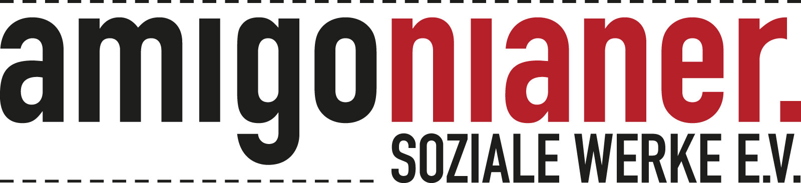 The image displays the logo of 'amigonianer. SOZIALE WERKE E.V.' in black and red text on a white background.