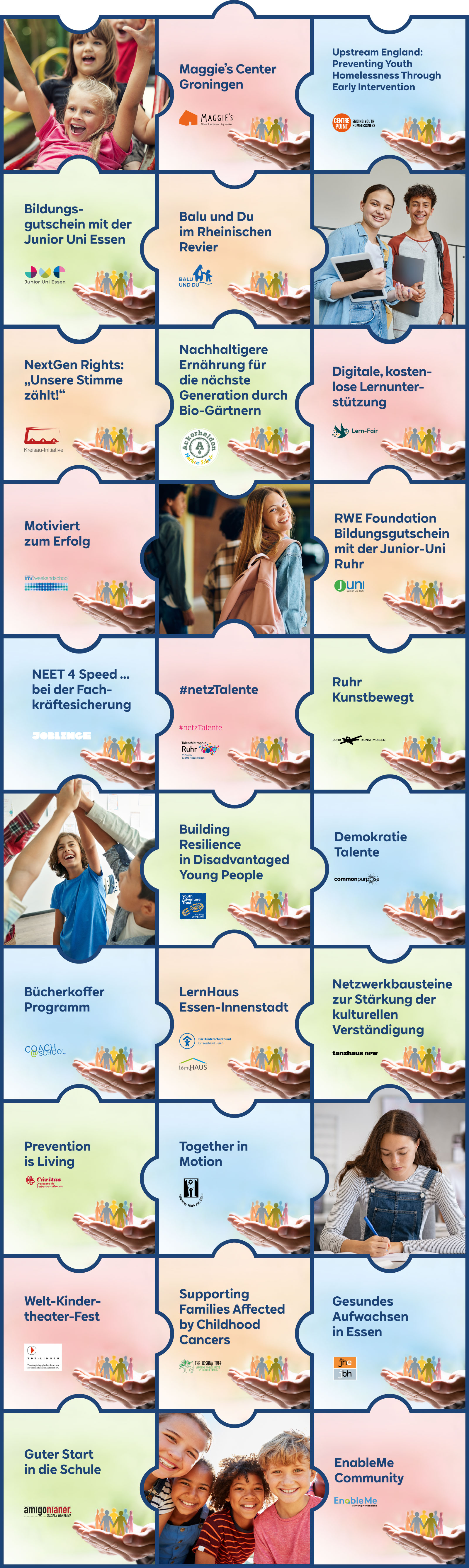 Eine Collage, die verschiedene Gemeinschaftsunterstützungsinitiativen mit Texten zu Programmen für Jugendliche und Bildung zeigt.