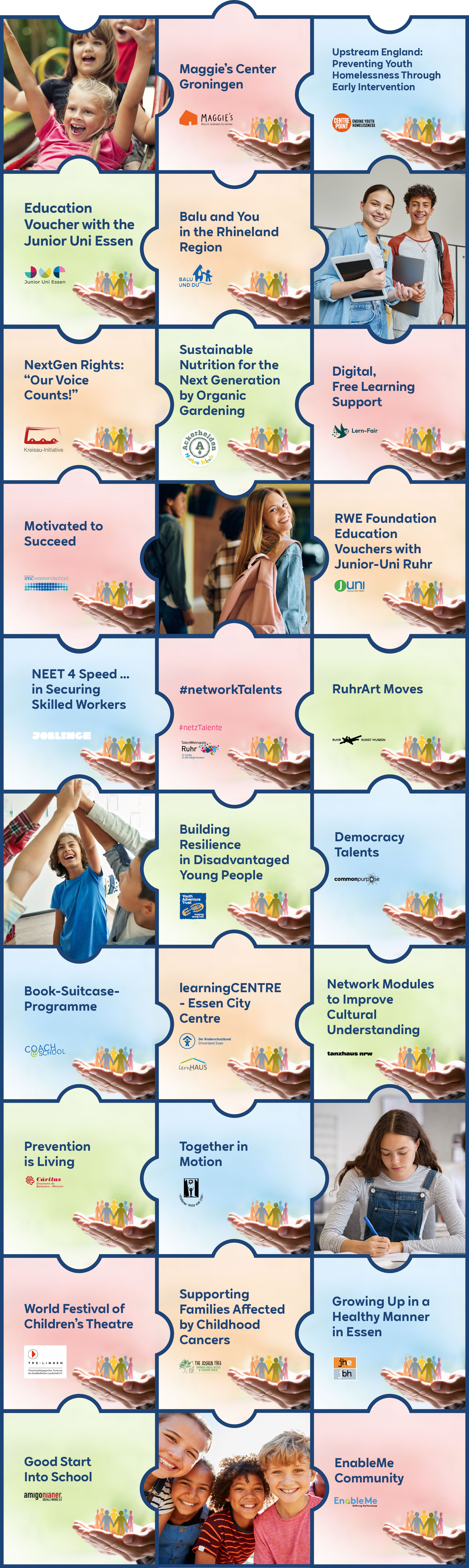 A collage of educational initiative posters, featuring various support programs for youth and communities with diverse hands images.