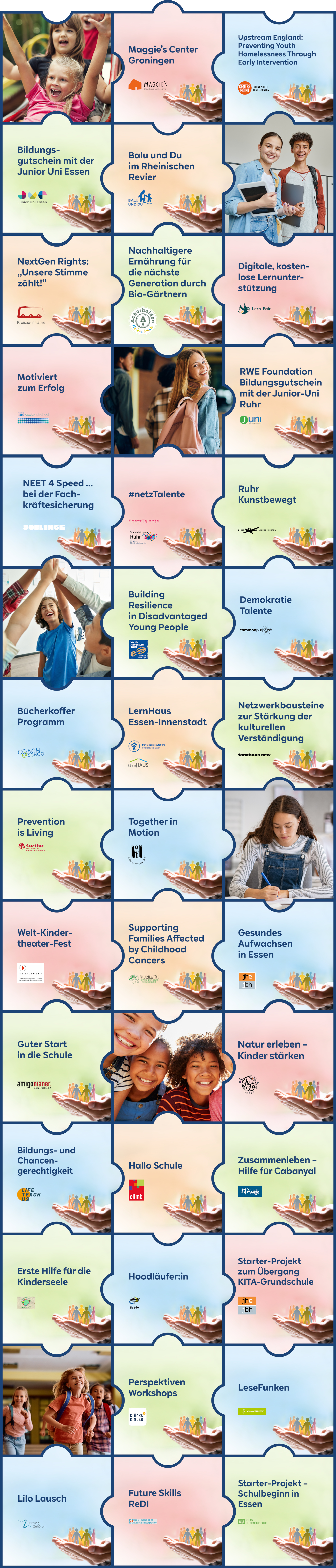 Eine Collage, die verschiedene Bildungsprojekte und Initiativen zur Unterstützung von Jugendlichen und der Gemeinschaft zeigt.