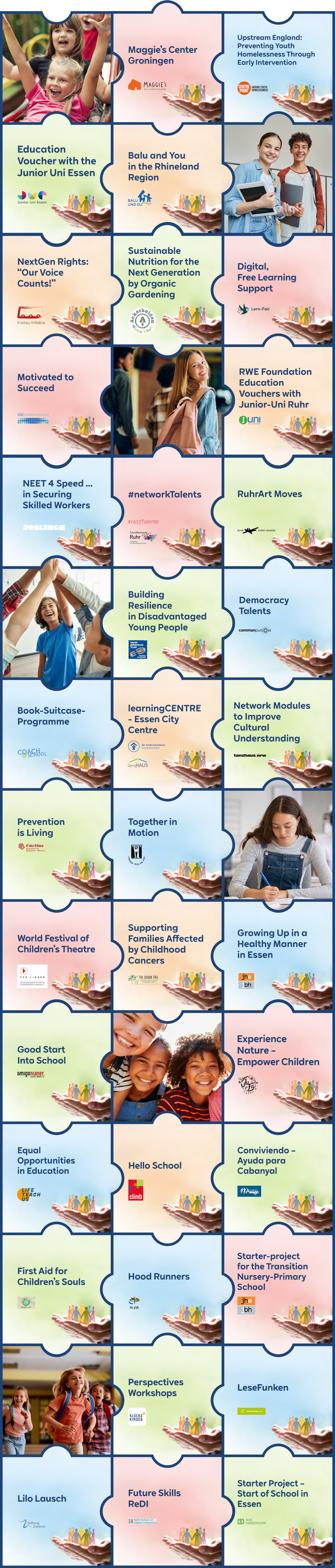 A collage showcasing various community programs aimed at supporting children and families, each with a colourful background.