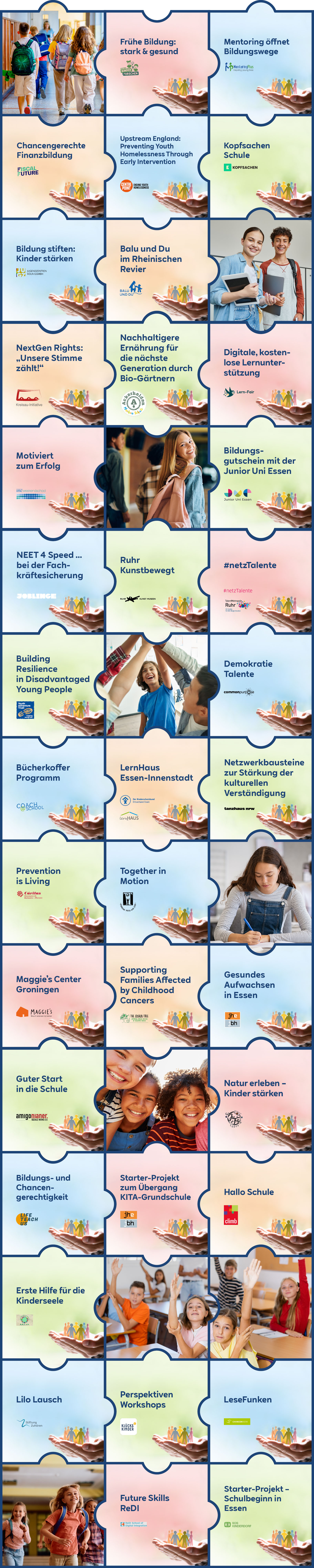 Eine Collage, die verschiedene Bildungsprojekte und Initiativen zur Unterstützung von Jugendlichen und der Gemeinschaft zeigt.