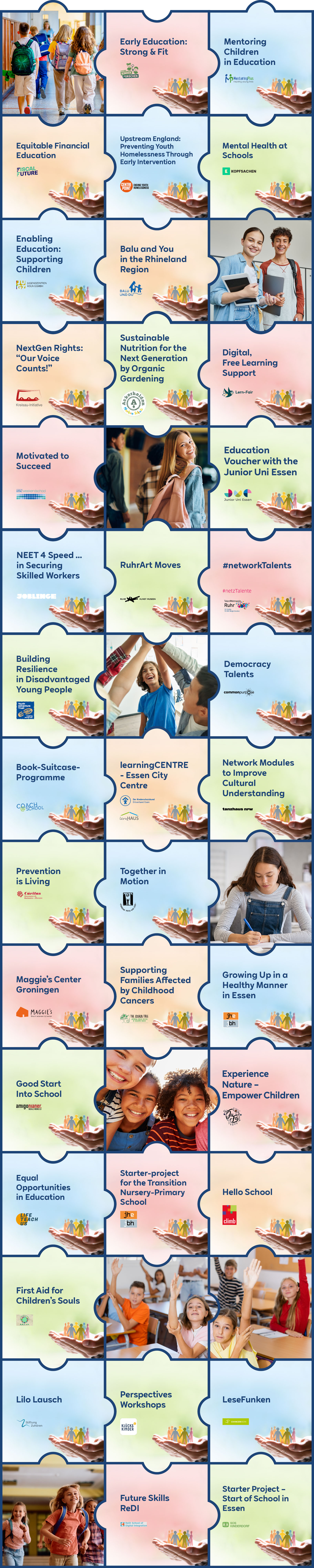 A collage showcasing various community programs aimed at supporting children and families, each with a colourful background.
