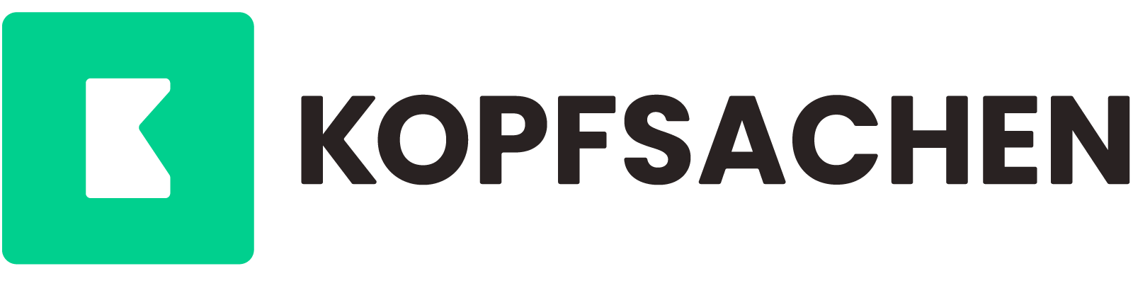 Logo with a turquoise square featuring a stylised black letter K next to the word KOPFSACHEN.