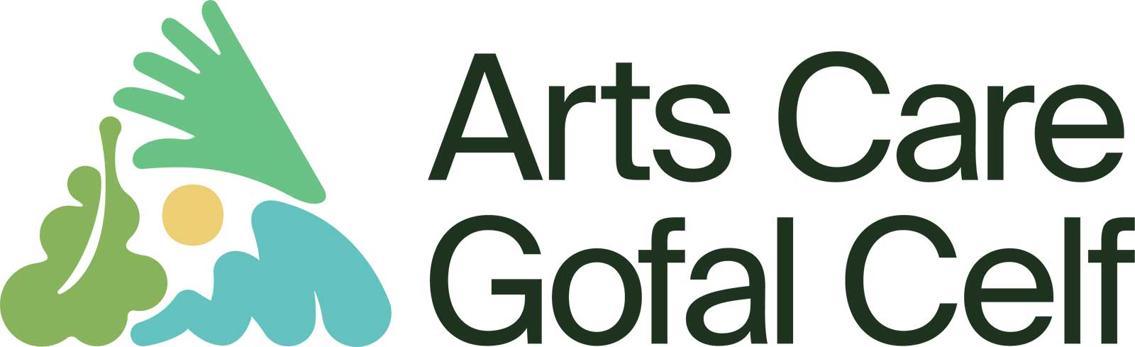 Logo mit abstrakten Formen in Grün, Gelb und Blau neben dem Text Arts Care Gofal Celf.