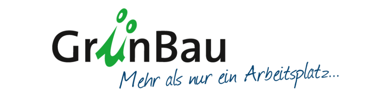 Logo von GrünBau mit grünem Blattmotiv und Slogan 'Mehr als nur ein Arbeitsplatz...