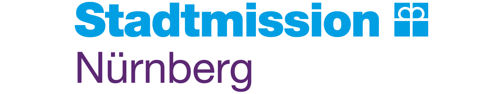 Logo der Stadtmission Nürnberg mit blauem und lila Text sowie einem Geschenk-Symbol
