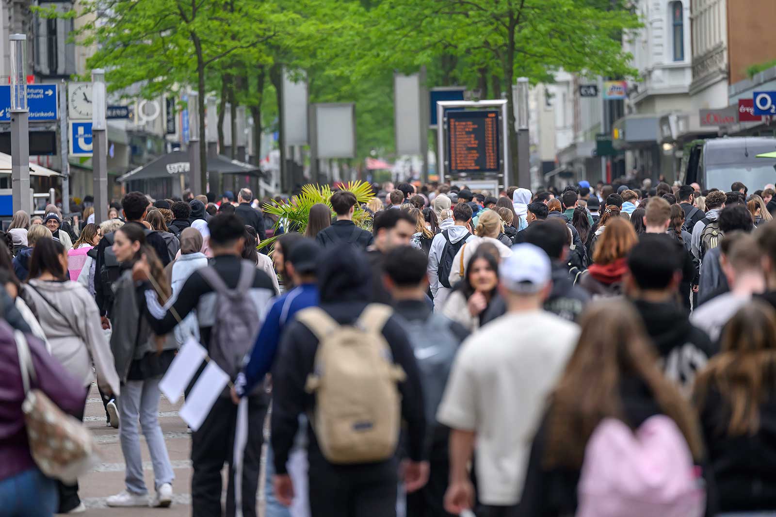 A busy street filled with people walking in various directions. Trees line the sides, alongside numerous shops.
