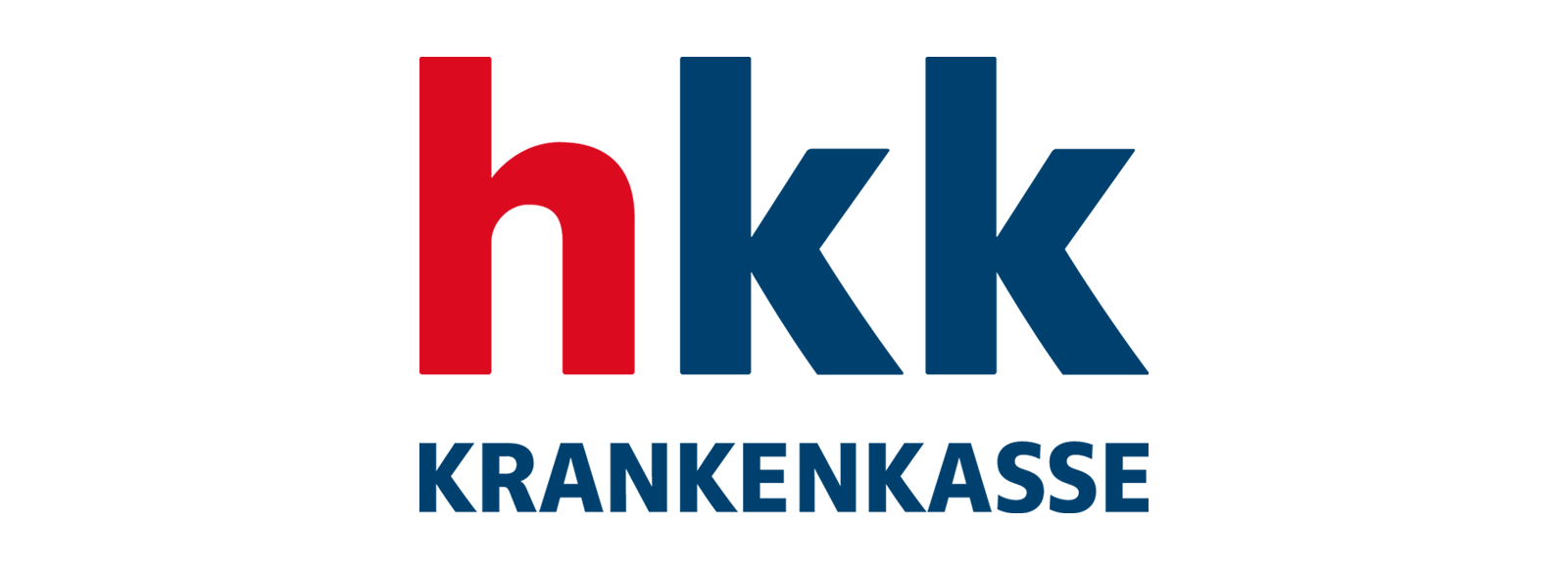 Logo der hkk Krankenkasse mit rotem 'h' und blauen Buchstaben 'kk' sowie dem Schriftzug KRANKENKASSE darunter.