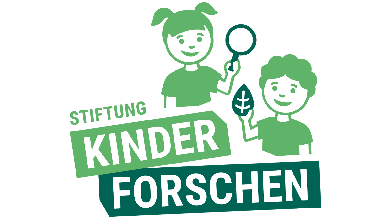 Logo der Stiftung Kinder Forschen zeigt zwei stilisierte Kinder in grün, eines mit Lupe, das andere mit Blatt.