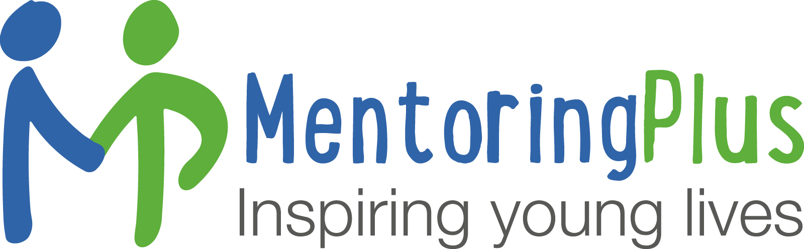MentoringPlus logo showing two stylised figures in blue and green shaking hands, with the slogan "Inspiring young lives" below.