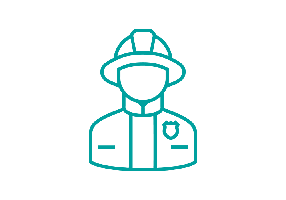 Ein Icon eines Feuerwehrmanns in Uniform mit einem Helm und einem Abzeichen.