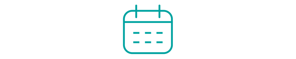 A simple turquoise calendar icon featuring two top tabs and lines for days.